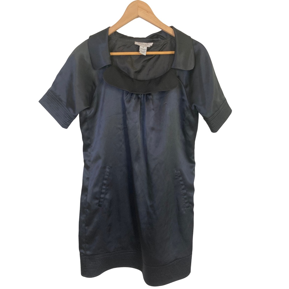 Vertigo Paris‎ Womens Black Satin Shift Dress Short Sleeve Pockets Size M